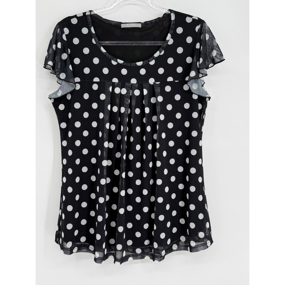 Furnex Womens Black White Polka Dot Mesh Overlay Flutter Sleeve Blouse Sz L